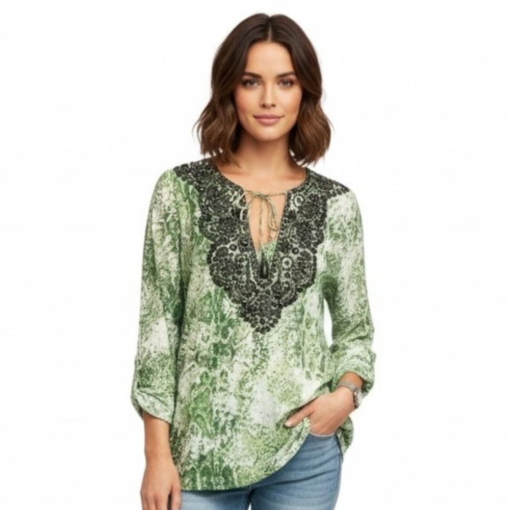 Kyra Tunic Top Green White Snake Print Long Sleeve Studded Boho‎ S New